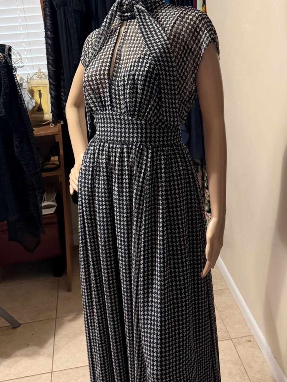 Black & White Houndstooth Maxi Dress with Tie Neck - Picture 3 of 11